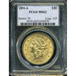 1891-S $20 MS62 PCGS. Sharply struck design elemen 1891-S $20 MS62 PCGS.