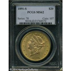 1891-S $20 MS62 PCGS. Well struck, with honey-gold 1891-S $20 MS62 PCGS.