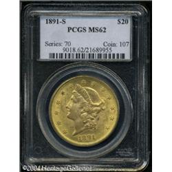 1891-S $20 MS62 PCGS. Canary-gold and peach colors 1891-S $20 MS62 PCGS.