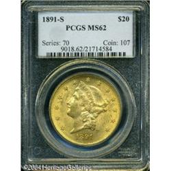 1891-S $20 MS62 PCGS. Well struck, with bright pea 1891-S $20 MS62 PCGS.