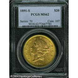 1891-S $20 MS62 PCGS. Attractive peach-gold patina 1891-S $20 MS62 PCGS.