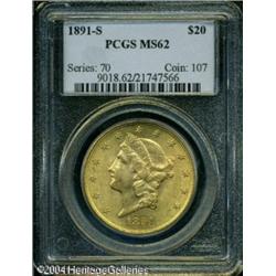 1891-S $20 MS62 PCGS. Sharply struck with surprisi 1891-S $20 MS62 PCGS.