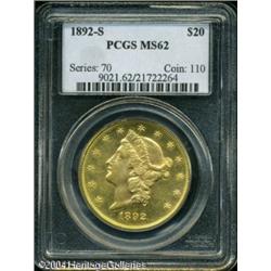 1892-S $20 MS62 PCGS. Bright brassy-gold surfaces 1892-S $20 MS62 PCGS.