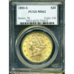 1892-S $20 MS62 PCGS. A lustrous S-mint Twenty tha 1892-S $20 MS62 PCGS.