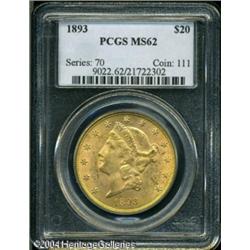 1893 $20 MS62 PCGS. Straw-gold surfaces are somewh 1893 $20 MS62 PCGS.