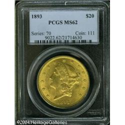 1893 $20 MS62 PCGS. Sharply struck with lovely yel 1893 $20 MS62 PCGS.