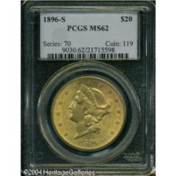 1896-S $20 MS62 PCGS. Sharply struck and lustrous, 1896-S $20 MS62 PCGS.