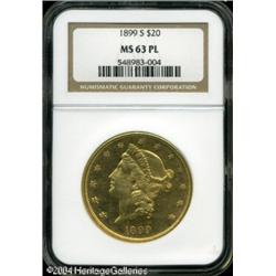 1899-S $20 MS63 Prooflike NGC. Bright peach-gold s 1899-S $20 MS63 Prooflike NGC.