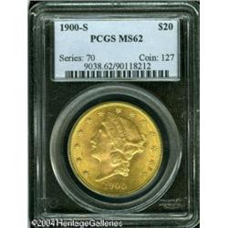 1900-S $20 MS62 PCGS. Bright yellow-gold patina an 1900-S $20 MS62 PCGS.