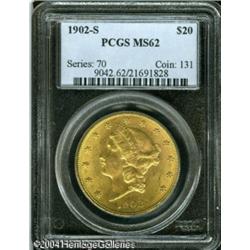 1902-S $20 MS62 PCGS. A suitably struck and lustro 1902-S $20 MS62 PCGS.