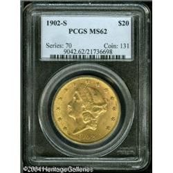 1902-S $20 MS62 PCGS. The straw-gold surfaces are 1902-S $20 MS62 PCGS.