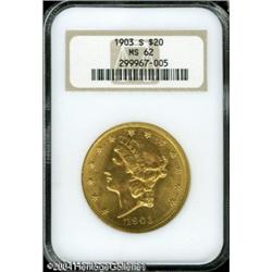 1903-S $20 MS62 NGC. Sharply struck, with bright h 1903-S $20 MS62 NGC.