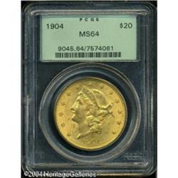 1904 $20 MS64 PCGS. Bright mint luster bathes the 1904 $20 MS64 PCGS.