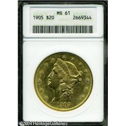 1905 $20 MS61 ANACS. Well struck with exceedingly 1905 $20 MS61 ANACS.