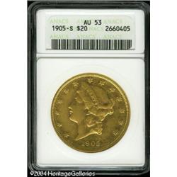 1905-S $20 AU53 ANACS. Peach-gold color envelopes 1905-S $20 AU53 ANACS.