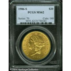 1906-S $20 MS62 PCGS. The sharp strike befits this 1906-S $20 MS62 PCGS.