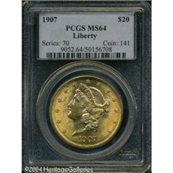 1907 $20 MS64 PCGS. This double eagle possesses be 1907 $20 MS64 PCGS.