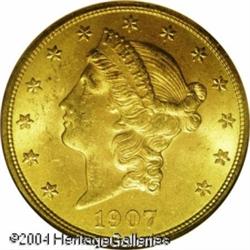 1907-D $20 MS64 NGC. A near-Gem example of this sl 1907-D $20 MS64 NGC.