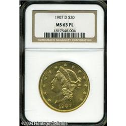 1907-D $20 MS63 Prooflike NGC. Nicely struck desig 1907-D $20 MS63 Prooflike NGC.