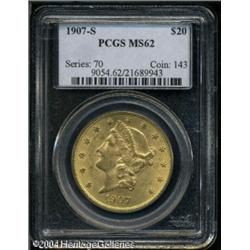 1907-S $20 MS62 PCGS. A nicely struck and gently l 1907-S $20 MS62 PCGS.