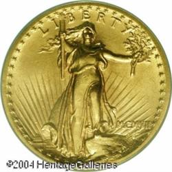 1907 $20 High Relief, Flat Rim MS63 PCGS. A satiny 1907 $20 High Relief, Flat Rim MS63 PCGS.