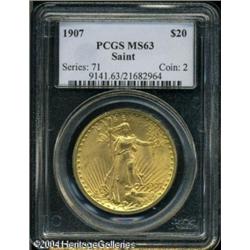 1907 $20 Arabic Numerals MS63 PCGS. Mustard-gold c 1907 $20 Arabic Numerals MS63 PCGS.
