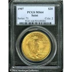 1907 $20 Arabic Numerals MS64 PCGS. Canary-gold fi 1907 $20 Arabic Numerals MS64 PCGS.