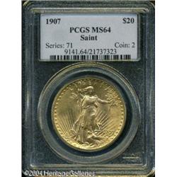 1907 $20 Arabic Numerals MS64 PCGS. Bright peach-g 1907 $20 Arabic Numerals MS64 PCGS.