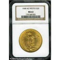 1908 $20 No Motto MS62 NGC. A shimmering piece tha 1908 $20 No Motto MS62 NGC.