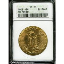 1908 $20 No Motto MS63 ANACS. This intricately str 1908 $20 No Motto MS63 ANACS.