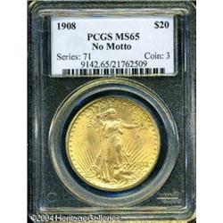 1908 $20 No Motto MS65 PCGS. Boldly struck with lo 1908 $20 No Motto MS65 PCGS.