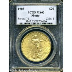 1908 $20 Motto MS63 PCGS. Well struck with pleasin 1908 $20 Motto MS63 PCGS.