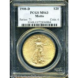 1908-D $20 Motto MS63 PCGS. Boldly struck with a p 1908-D $20 Motto MS63 PCGS.