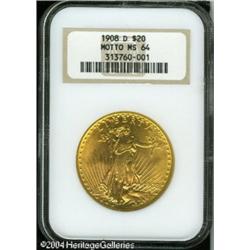 1908-D $20 Motto MS64 NGC. An unabraded and fully 1908-D $20 Motto MS64 NGC.