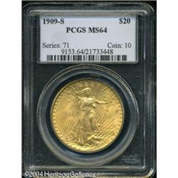 1909-S $20 MS64 PCGS. Apricot-gold patina overlays 1909-S $20 MS64 PCGS.