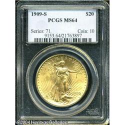 1909-S $20 MS64 PCGS. Well struck motifs, and brig 1909-S $20 MS64 PCGS.