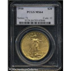 1910 $20 MS64 PCGS. Straw-gold patina adheres to l 1910 $20 MS64 PCGS.