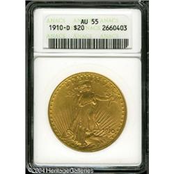 1910-D $20 AU55 ANACS. This D-mint double eagle po 1910-D $20 AU55 ANACS.