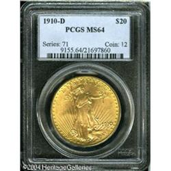 1910-D $20 MS64 NGC. A meticulously struck and hig 1910-D $20 MS64 NGC.