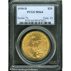 1910-D $20 MS64 PCGS. The Capitol building is full 1910-D $20 MS64 PCGS.