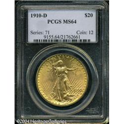 1910-D $20 MS64 PCGS. Slightly weak on the eagle's 1910-D $20 MS64 PCGS.