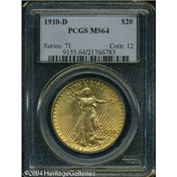 1910-D $20 MS64 PCGS. Hints of pale-green hide wit 1910-D $20 MS64 PCGS.
