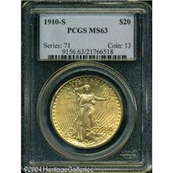 1910-S $20 MS63 PCGS. Bright peach-gold color over 1910-S $20 MS63 PCGS.