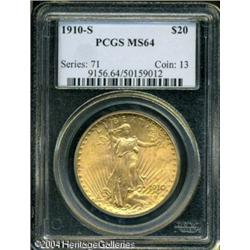 1910-S $20 MS64 PCGS. Honey-gold patina overlays s 1910-S $20 MS64 PCGS.