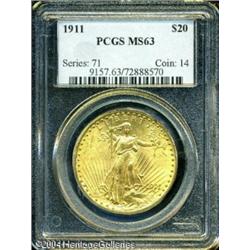 1911 $20 MS63 PCGS. Lightly marked and showing bri 1911 $20 MS63 PCGS.