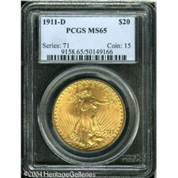 1911-D $20 MS65 PCGS. An exquisitely struck and in 1911-D $20 MS65 PCGS.