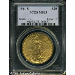 1911-S $20 MS63 PCGS. Deep peach-gold color occupi 1911-S $20 MS63 PCGS.