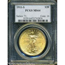 1911-S $20 MS64 PCGS. An exceedingly bright, lustr 1911-S $20 MS64 PCGS.