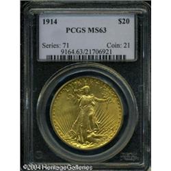 1914 $20 MS63 PCGS. Bright canary-gold patina enve 1914 $20 MS63 PCGS.