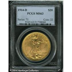 1914-D $20 MS63 PCGS. Bright lustrous surfaces dis 1914-D $20 MS63 PCGS.